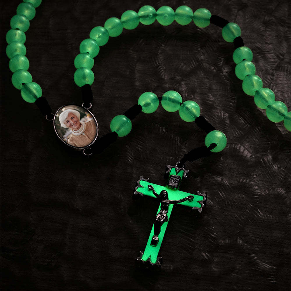 Custom Rosary Beads Cross Necklace Personalized Retro Acrylic Luminous Necklace with Photo - soufeelus