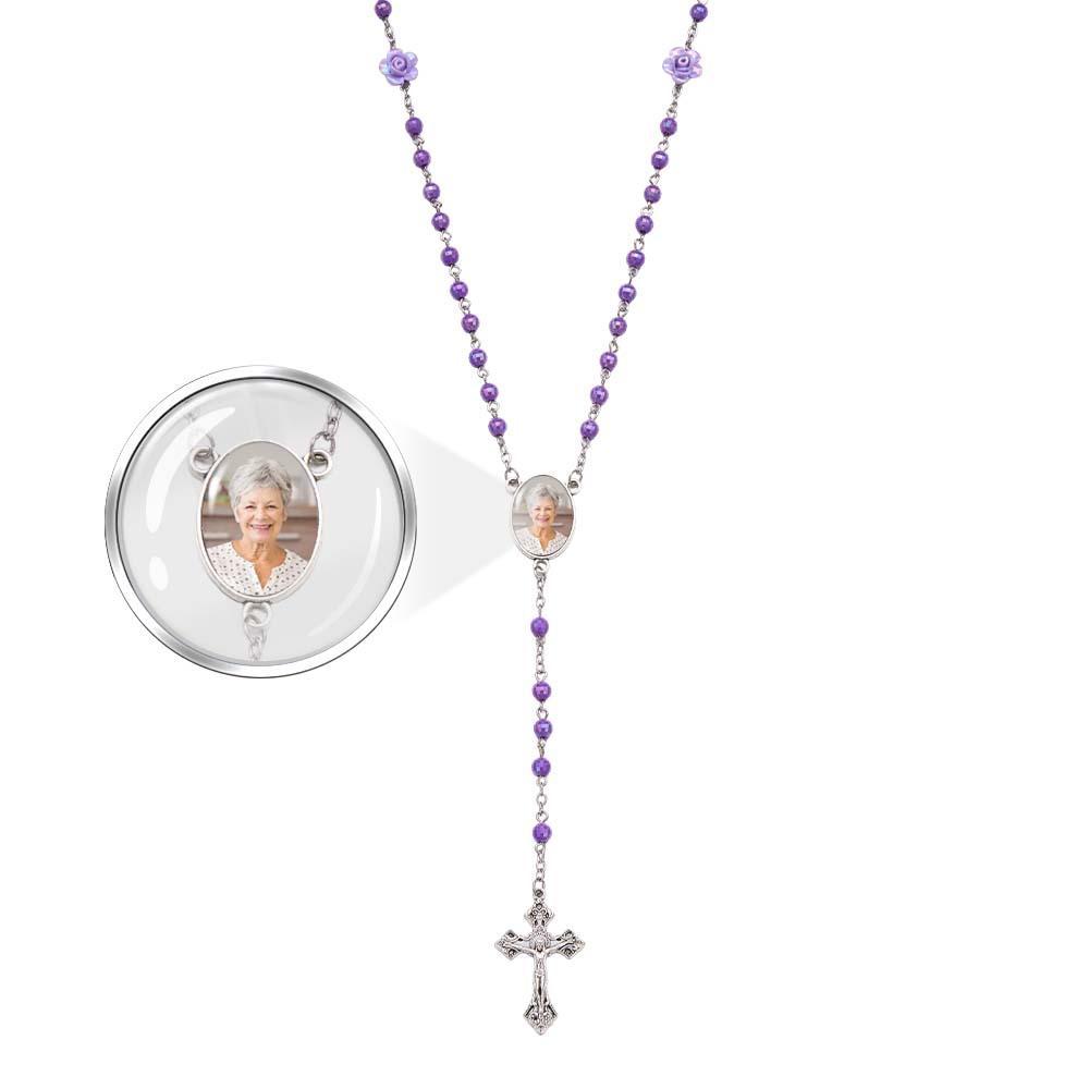 Custom Rosary Beads Cross Necklace Personalized Plated Purple Rose Beads Necklace with Photo - soufeelus