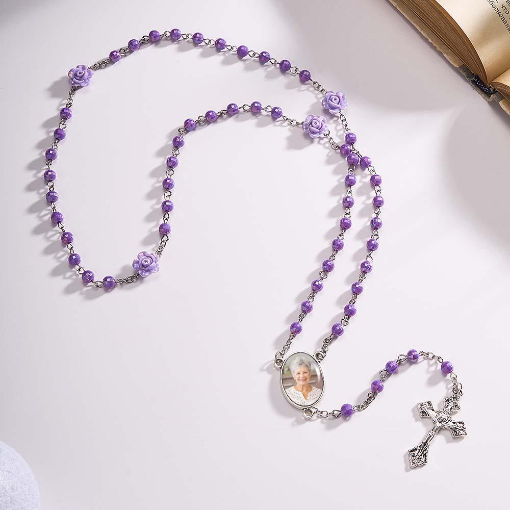 Custom Rosary Beads Cross Necklace Personalized Plated Purple Rose Beads Necklace with Photo - soufeelus