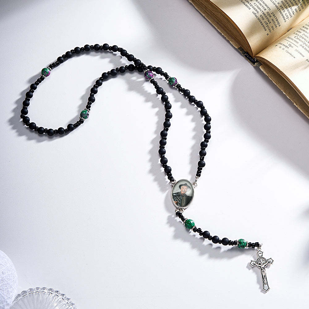 Custom Rosary Beads Cross Necklace Personalized Pattern Black Imitation Agate Necklace with Photo - soufeelus