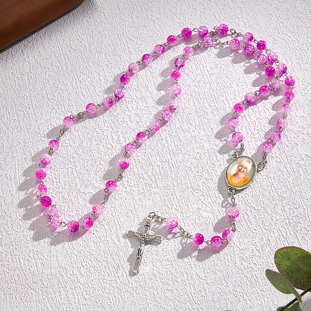 Custom Rosary Beads Cross Necklace Personalized Acrylic Explosion Beads Necklace with Photo - soufeelus