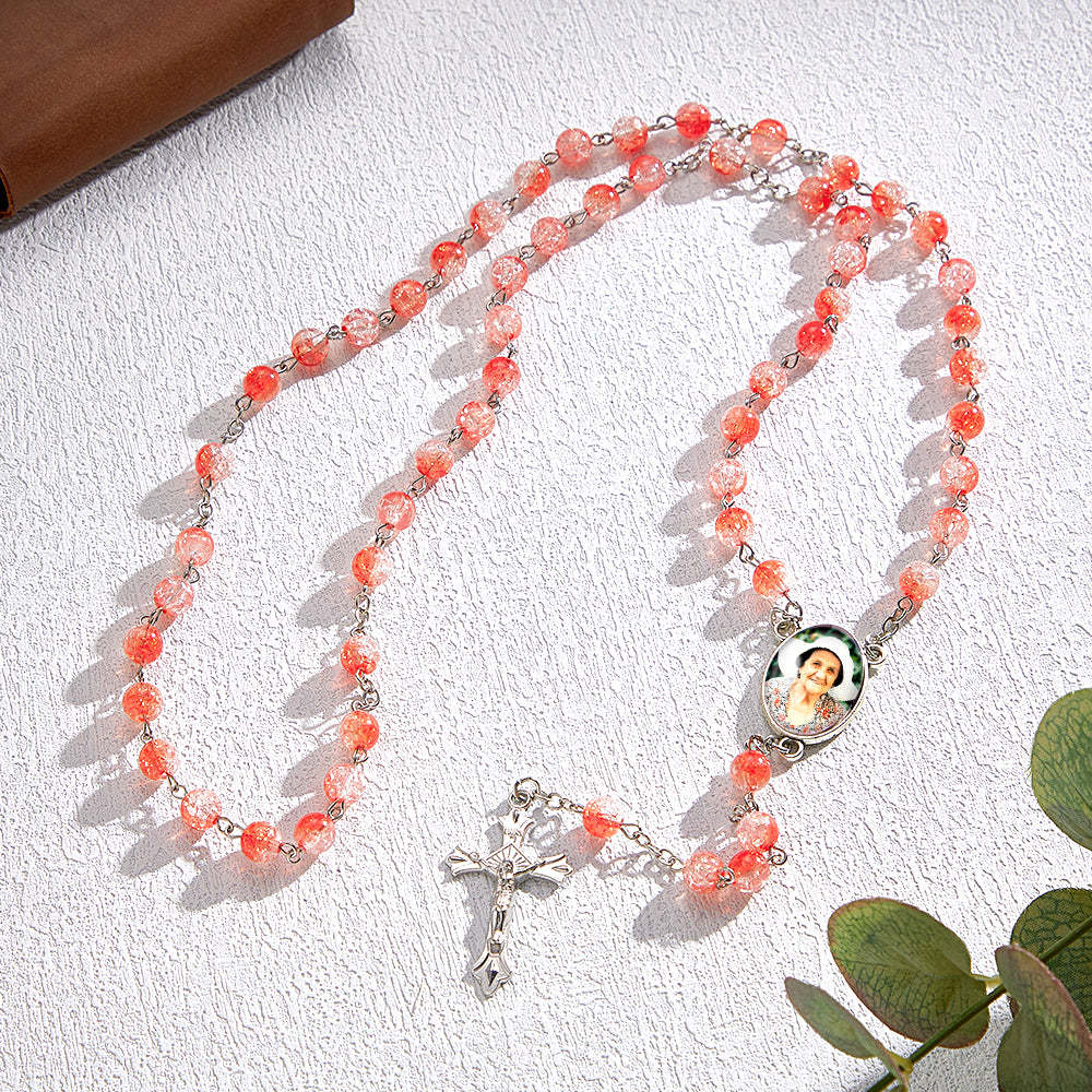 Custom Rosary Beads Cross Necklace Personalized Acrylic Explosion Beads Necklace with Photo - soufeelus