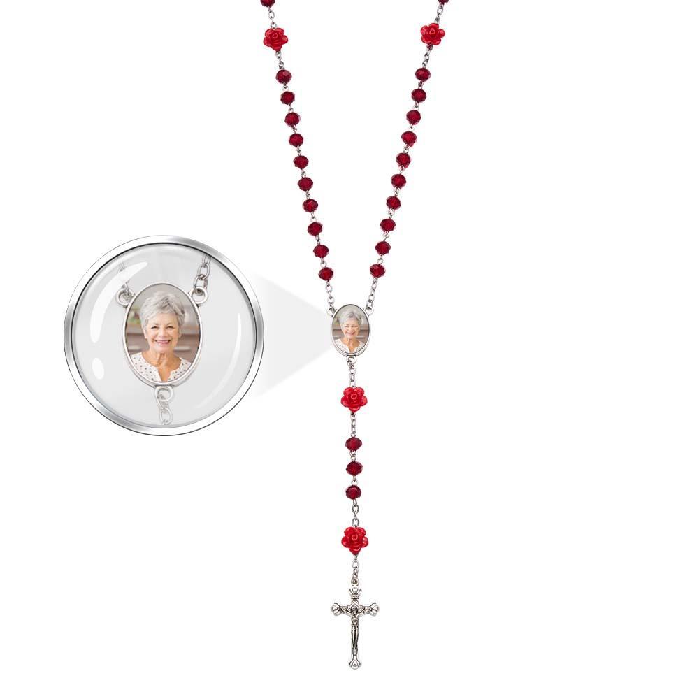 Custom Rosary Beads Cross Necklace Personalized Rose Crystal Necklace with Photo - soufeelus