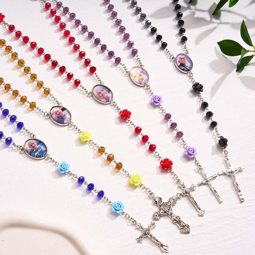 Custom Rosary Beads Cross Necklace Personalized Rose Crystal Necklace with Photo - soufeelus