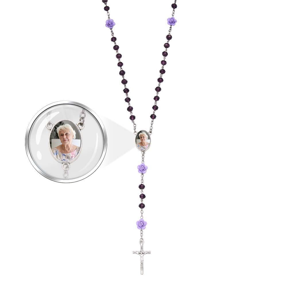 Custom Rosary Beads Cross Necklace Personalized Rose Crystal Necklace with Photo - soufeelus