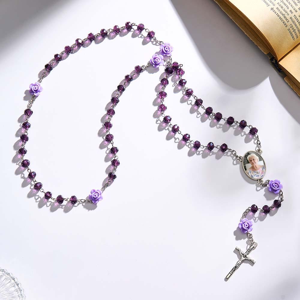 Custom Rosary Beads Cross Necklace Personalized Rose Crystal Necklace with Photo - soufeelus