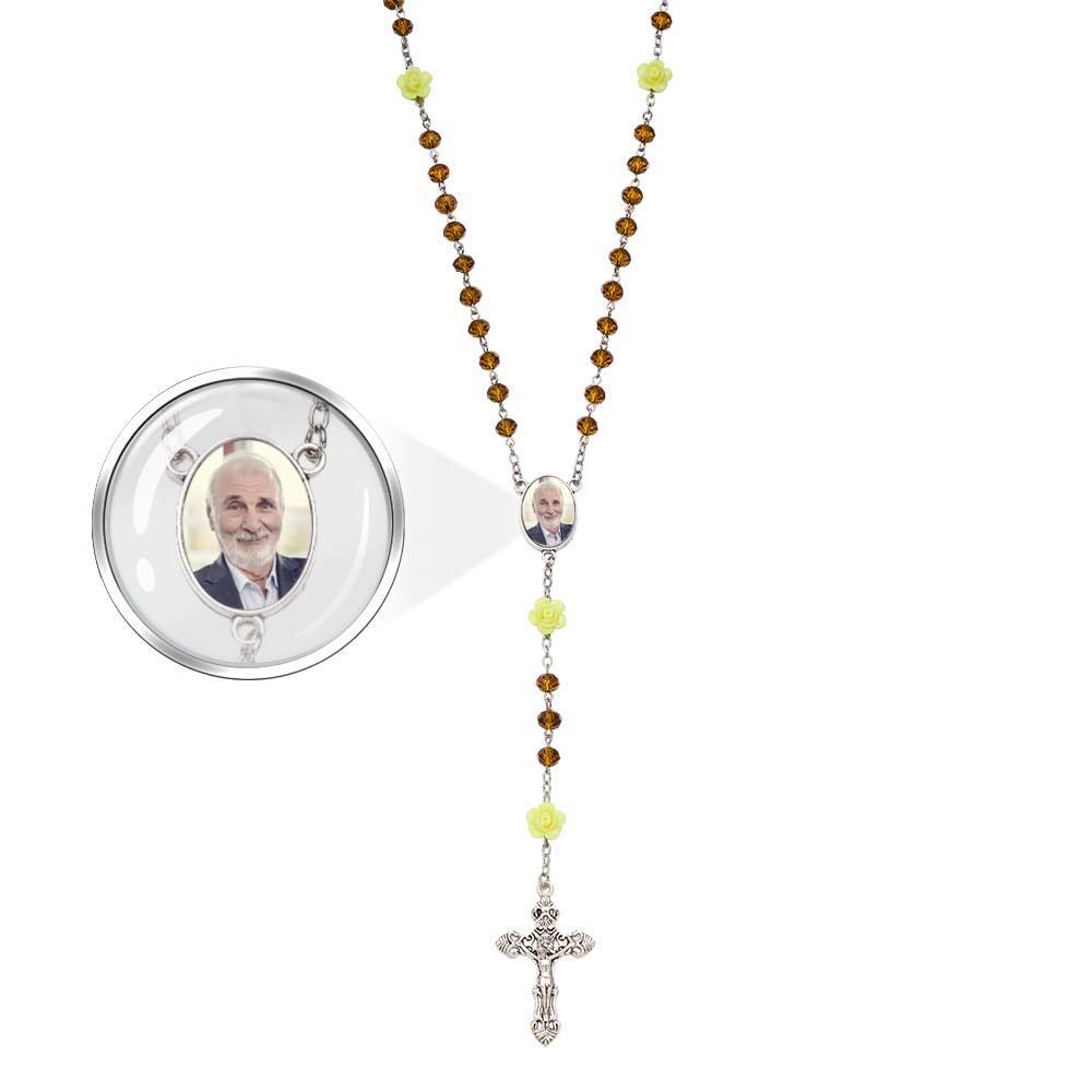 Custom Rosary Beads Cross Necklace Personalized Rose Crystal Necklace with Photo - soufeelus