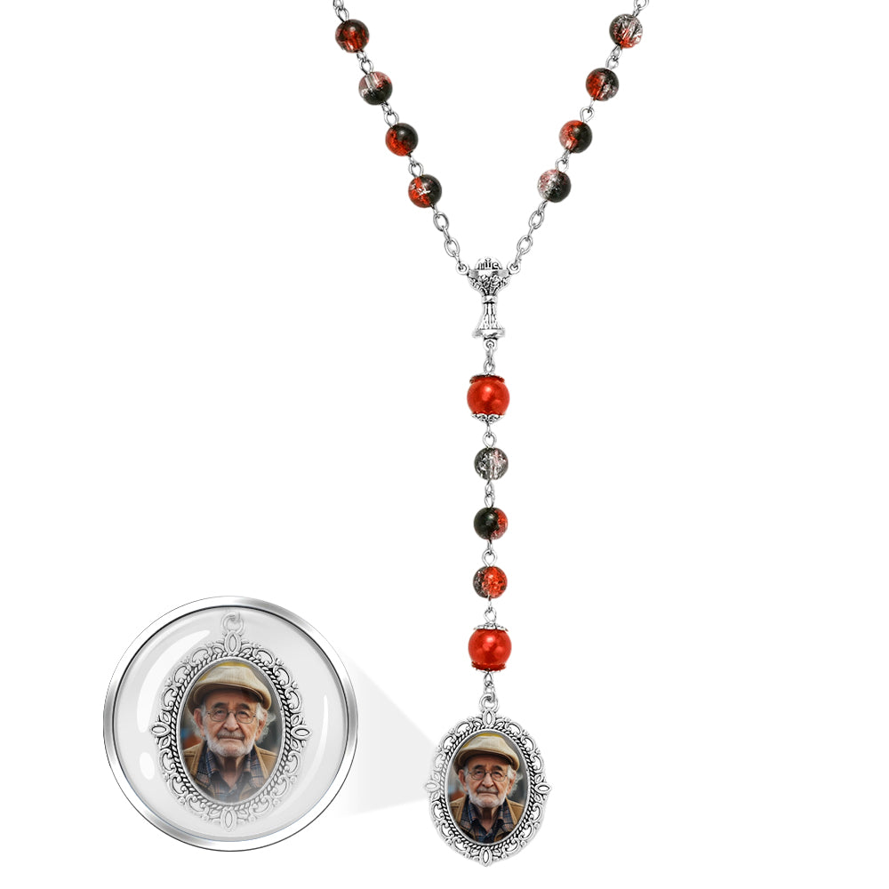 Benutzerdefinierte Rosenkranzperlen-Kreuz-Halskette, personalisierte Acryl-Explosionsperlen, lange Halskette mit Foto