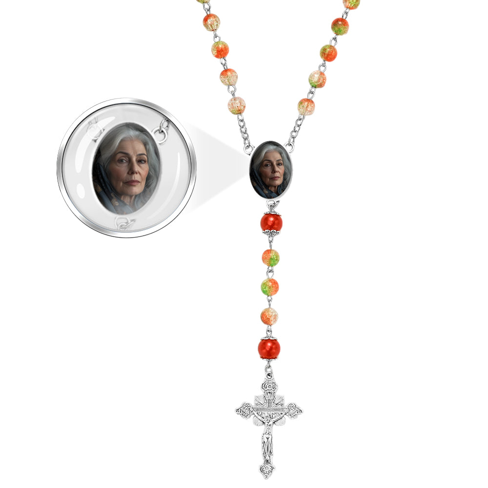 Benutzerdefinierte Rosenkranzperlen-Kreuz-Halskette, personalisierte Acryl-Explosionsperlen, lange Halskette mit Foto