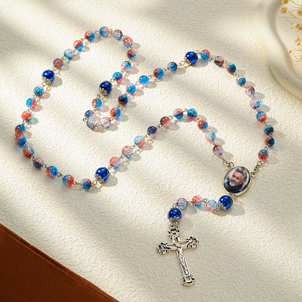Custom Rosary Beads Cross Necklace Personalized Acrylic Explosion Beads Long Style Necklace with Photo - soufeelus