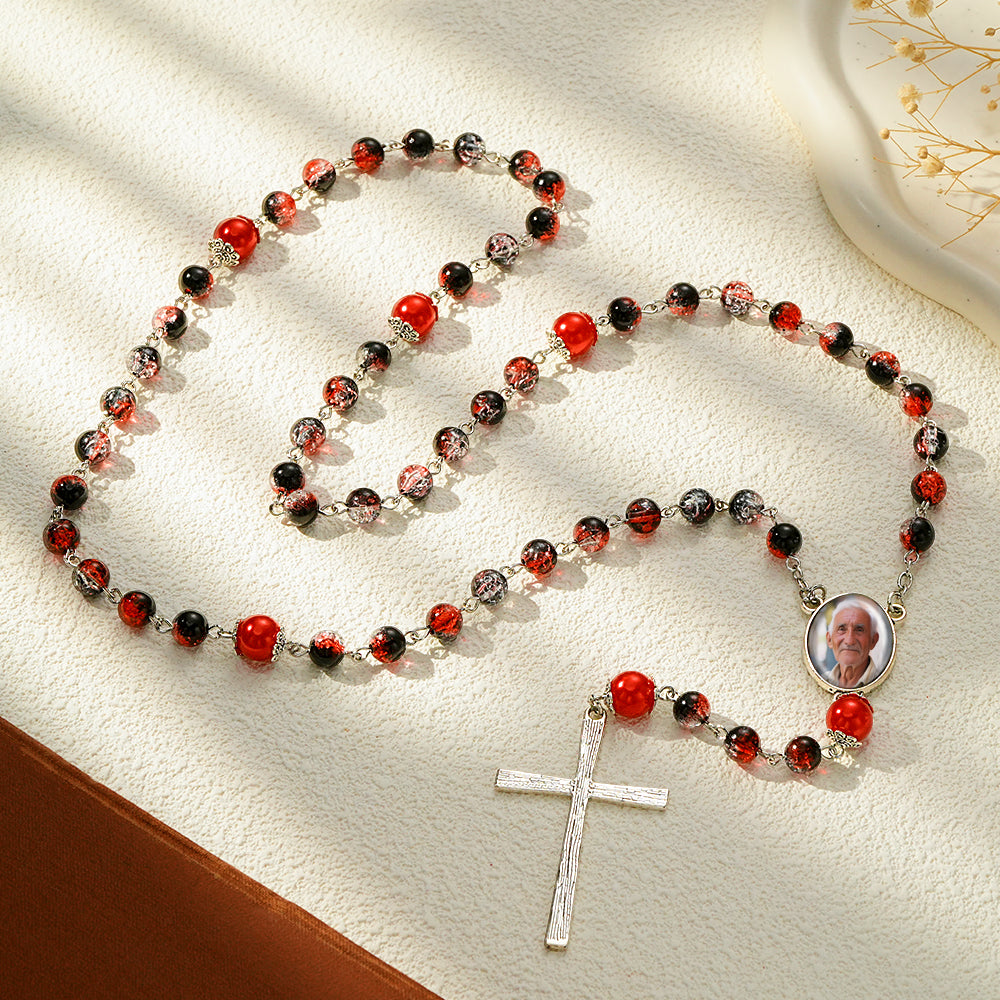 Benutzerdefinierte Rosenkranzperlen-Kreuz-Halskette, personalisierte Acryl-Explosionsperlen, lange Halskette mit Foto