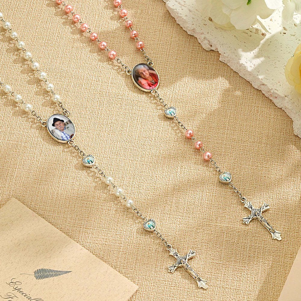 Custom Rosary Beads Necklace Personalized Glass Imitation Pearls Cross Necklace with Photo - soufeelus