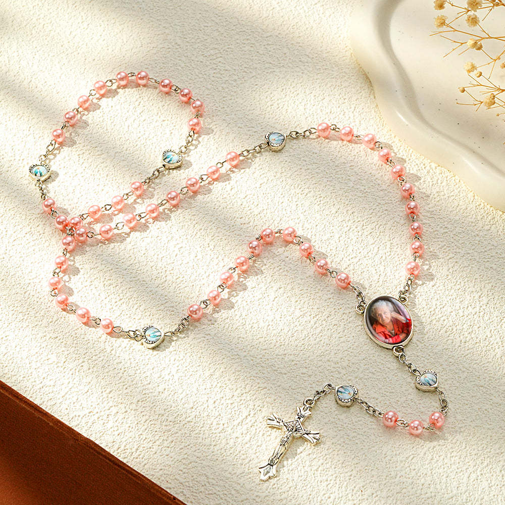 Custom Rosary Beads Necklace Personalized Glass Imitation Pearls Cross Necklace with Photo - soufeelus