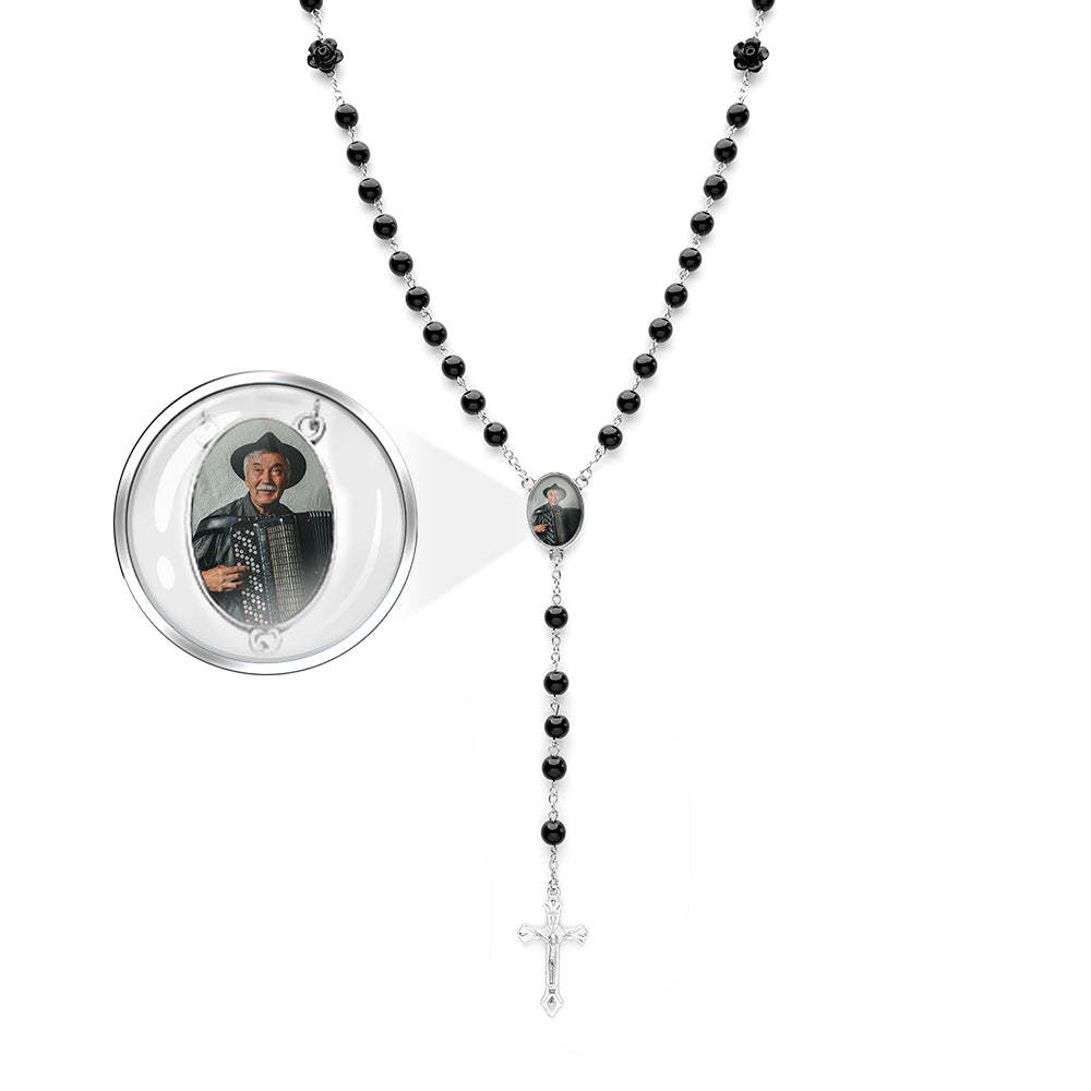 Custom Rosary Beads Cross Necklace Personalized Glass Imitation Pearls Necklace with Photo - soufeelus