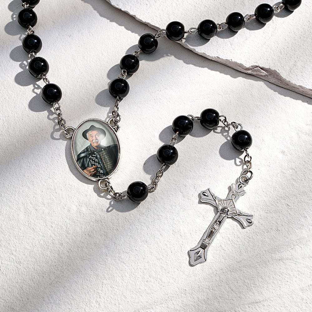 Custom Rosary Beads Cross Necklace Personalized Glass Imitation Pearls Necklace with Photo - soufeelus