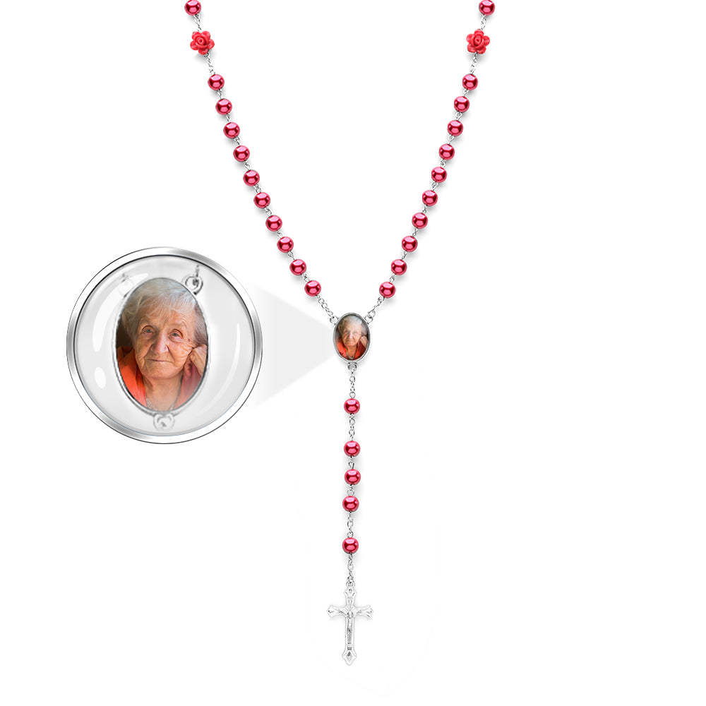 Custom Rosary Beads Cross Necklace Personalized Glass Imitation Pearls Necklace with Photo - soufeelus