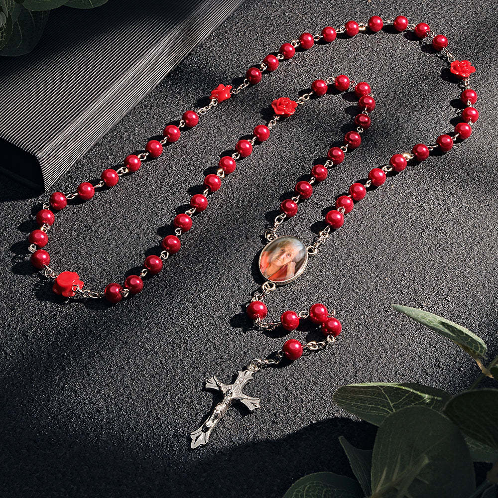 Custom Rosary Beads Cross Necklace Personalized Glass Imitation Pearls Necklace with Photo - soufeelus
