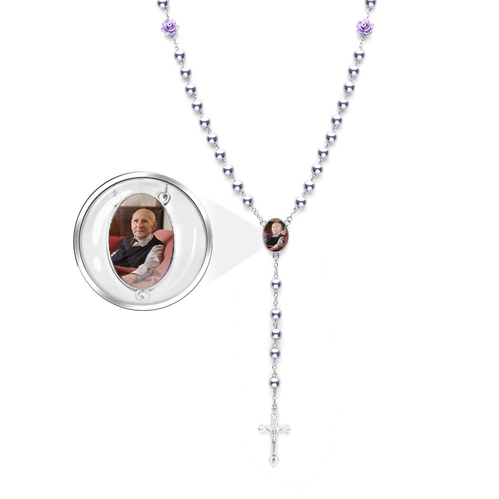 Custom Rosary Beads Cross Necklace Personalized Glass Imitation Pearls Necklace with Photo - soufeelus