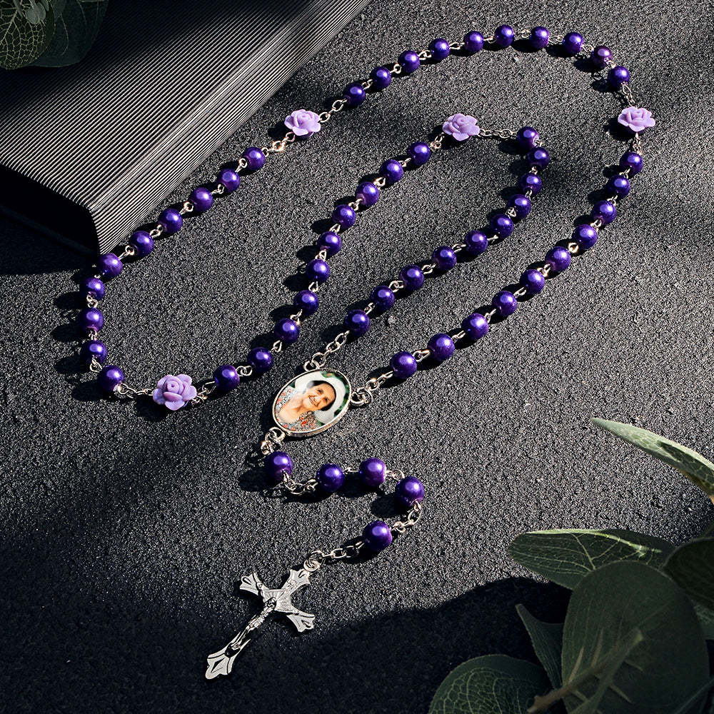 Custom Rosary Beads Cross Necklace Personalized Glass Imitation Pearls Necklace with Photo - soufeelus