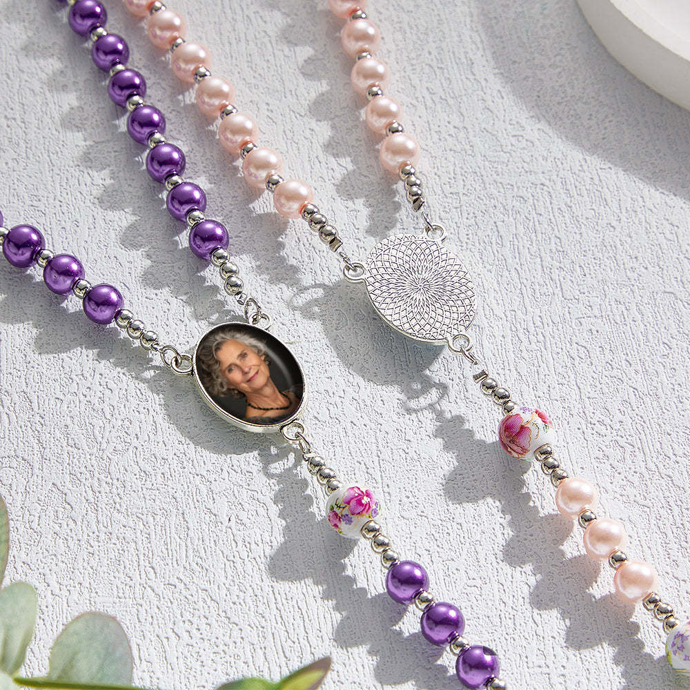 Custom Rosary Beads Cross Necklace Personalized Ceramic Rose Glass Imitation Pearl Necklace with Photo - soufeelus