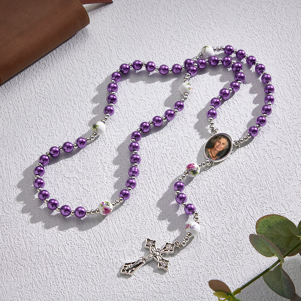 Custom Rosary Beads Cross Necklace Personalized Ceramic Rose Glass Imitation Pearl Necklace with Photo - soufeelus
