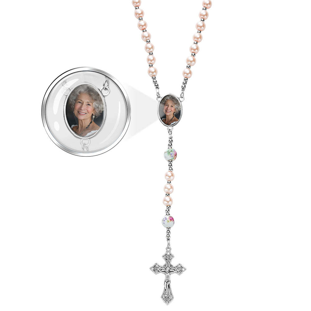 Custom Rosary Beads Cross Necklace Personalized Ceramic Rose Glass Imitation Pearl Necklace with Photo - soufeelus