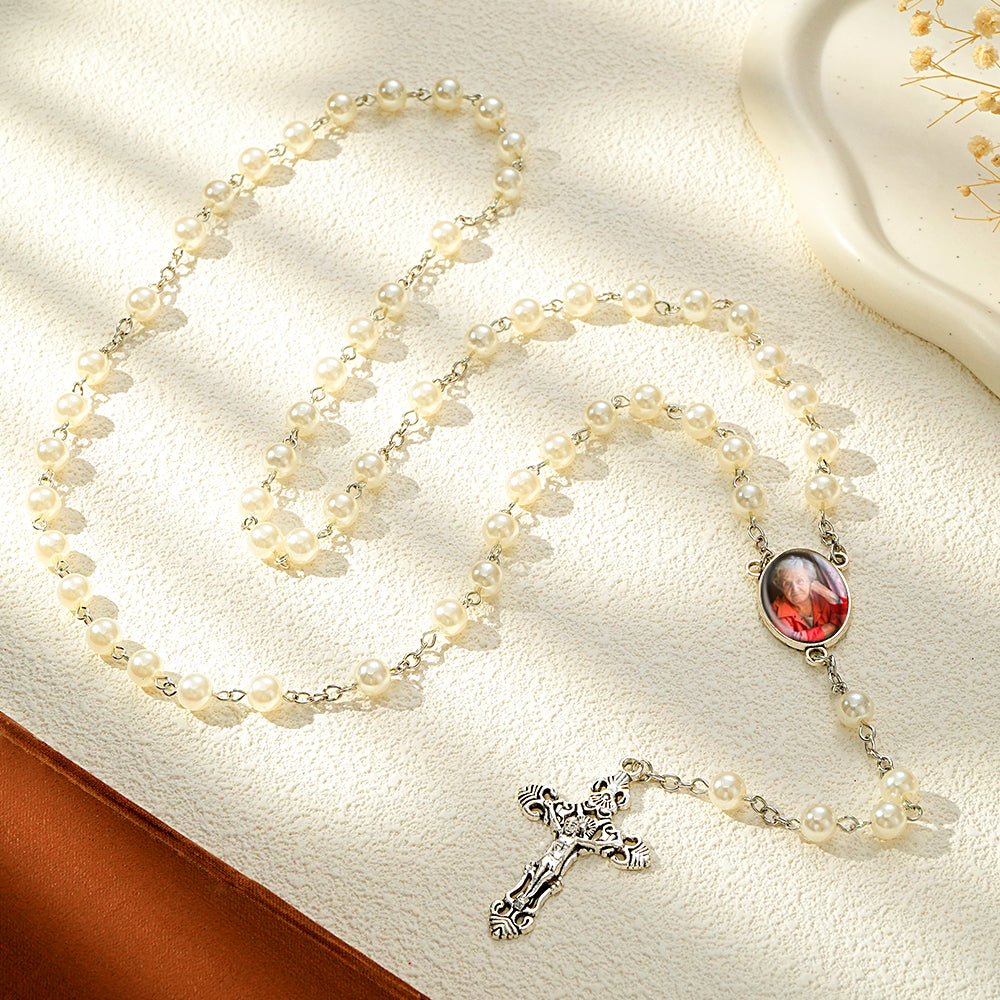 Custom Rosary Beads Cross Necklace Personalized White Imitation Pearls Necklace with Photo - soufeelus