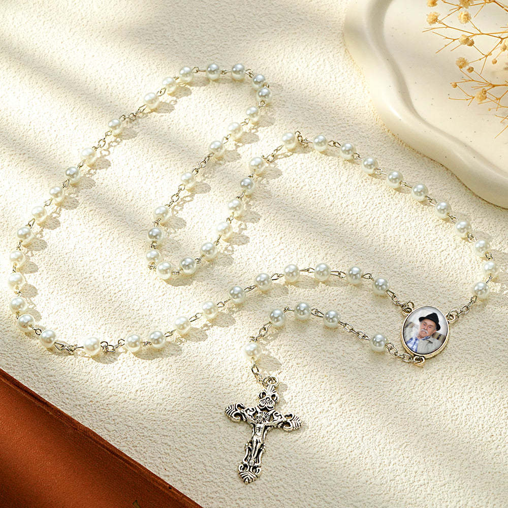 Custom Rosary Beads Cross Necklace Personalized White Imitation Pearls Necklace with Photo - soufeelus
