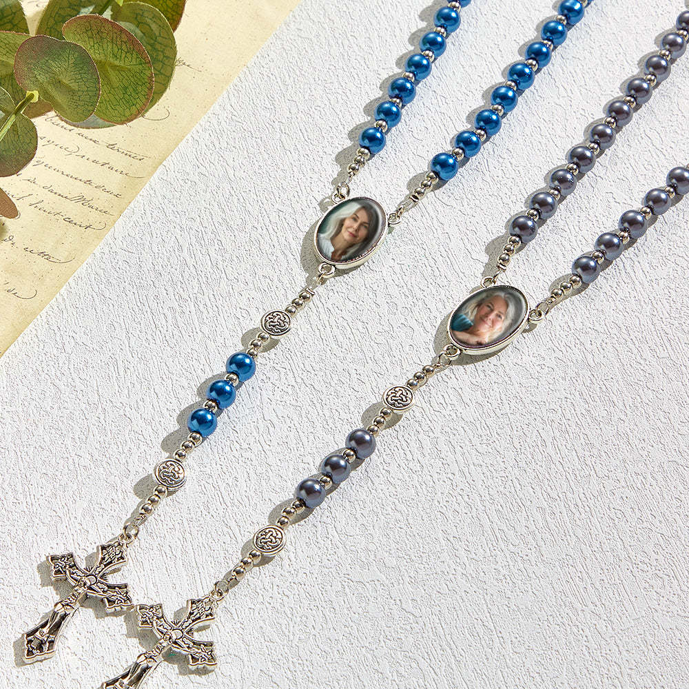 Custom Rosary Beads Cross Necklace Personalized Retro Glass Imitation Pearl Hollow Necklace with Photo - soufeelus