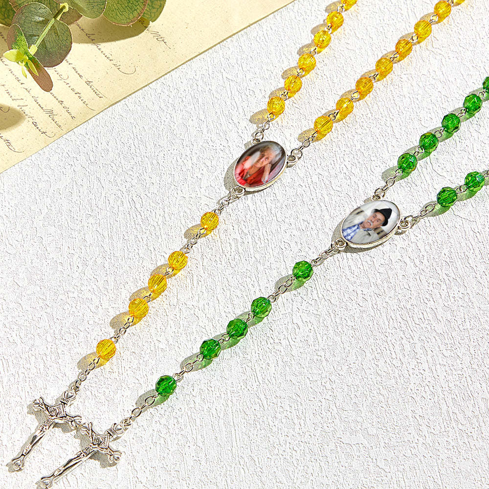 Custom Rosary Beads Cross Necklace Personalized Retro Style Handmade Bead Chain Necklace with Photo - soufeelus