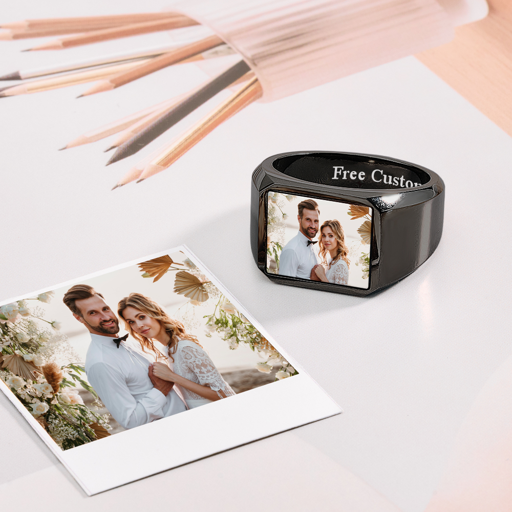 Signet Rings Solid Polished Stainless Steel Biker Ring for Men Women Stainless Steel Metal Plated Text Engraving Photo Custom