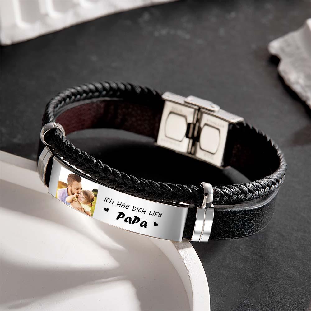 Personalized Photo Leather Bracelet With Text Braided Bangle Father's Day Gifts - soufeelus