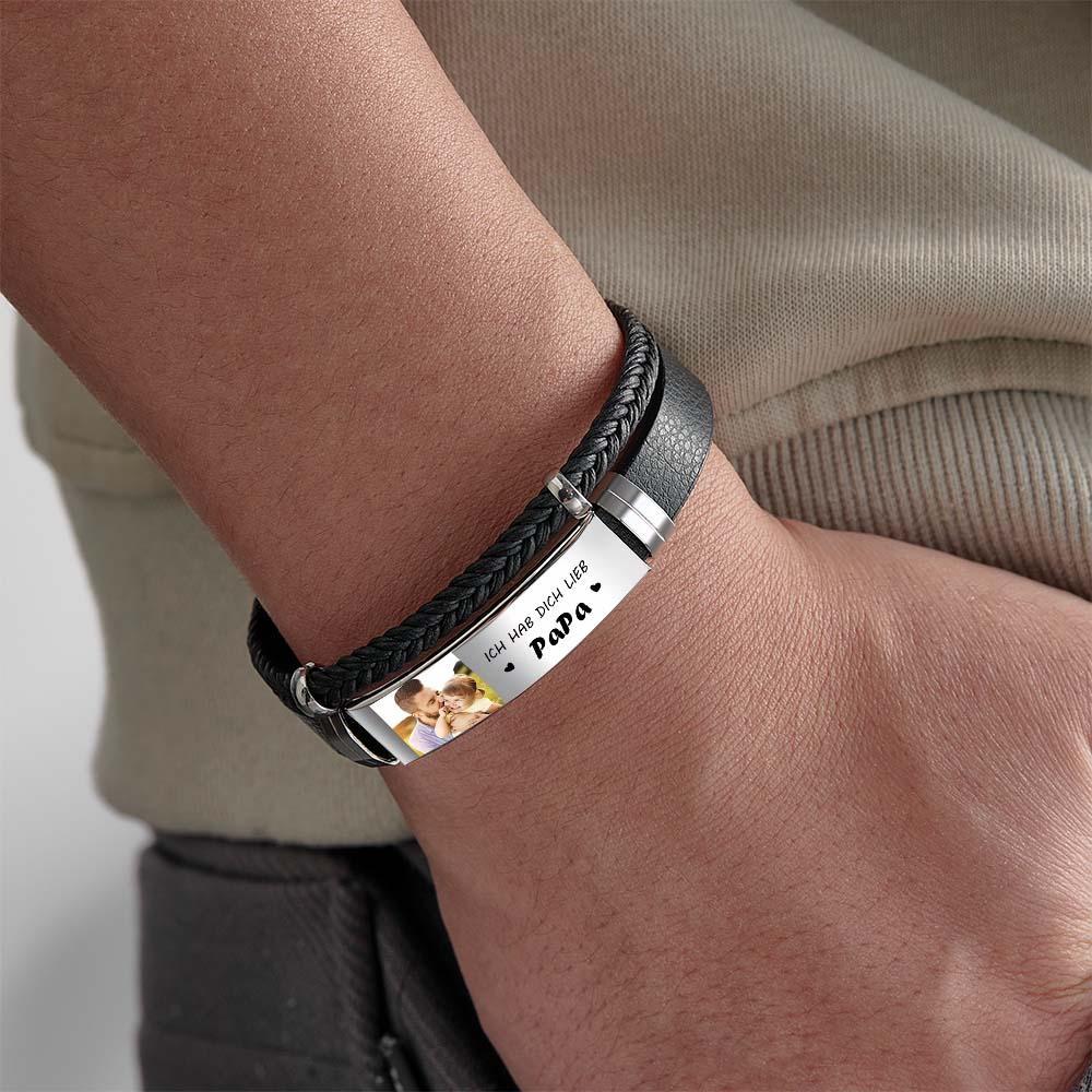 Personalized Photo Leather Bracelet With Text Braided Bangle Father's Day Gifts - soufeelus