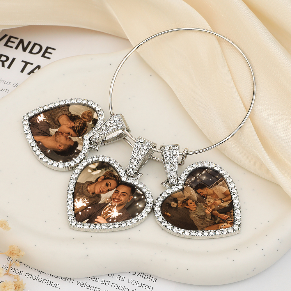 Hearts Photo Bangle Bracelet 3 Charms Custom Bracelet Gift For Her