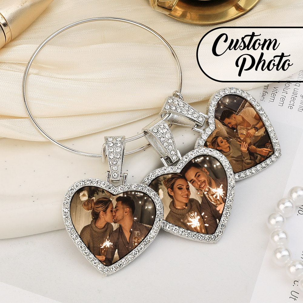 Hearts Photo Bangle Bracelet 3 Charms Custom Bracelet Gift For Her