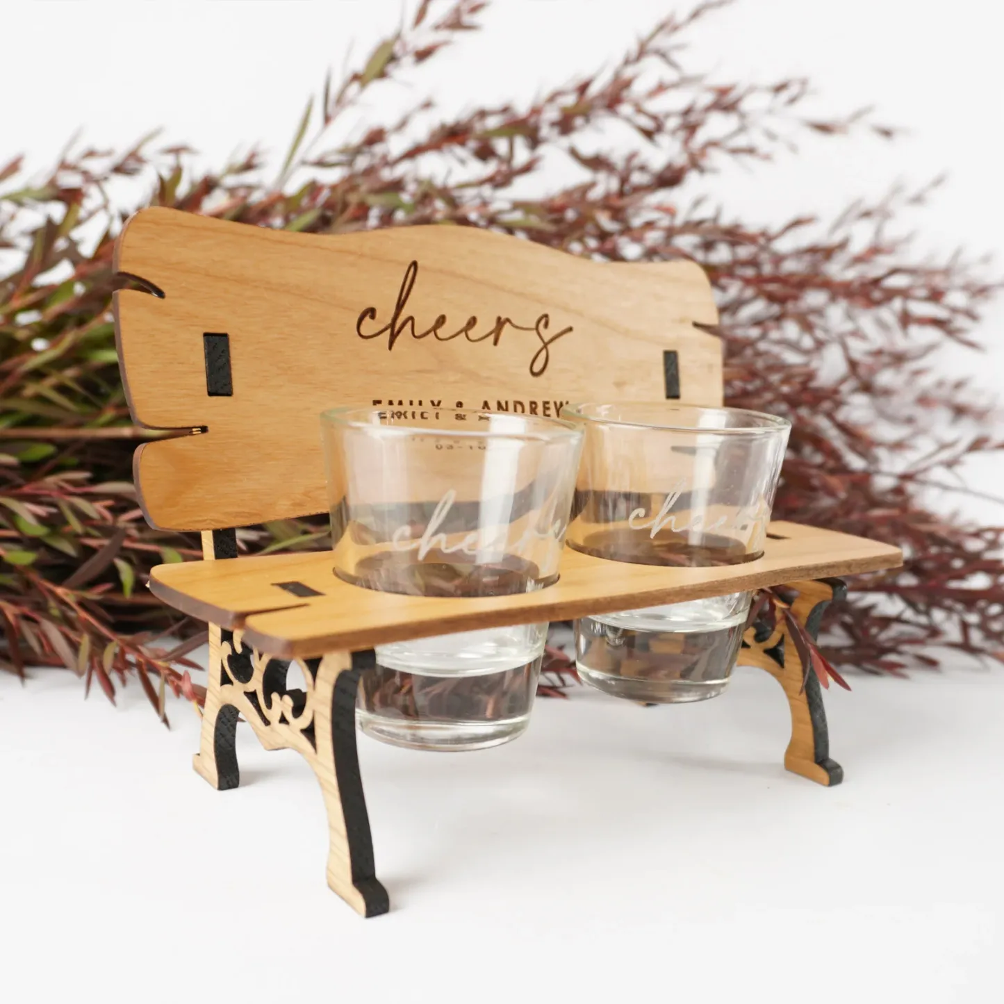 Personalised Wooden Bench Chair with Shot Glasses
