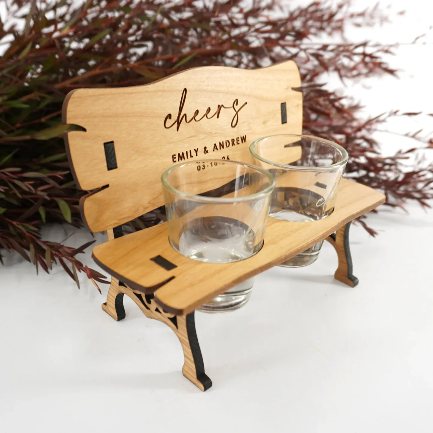 Personalised Wooden Bench Chair with Shot Glasses