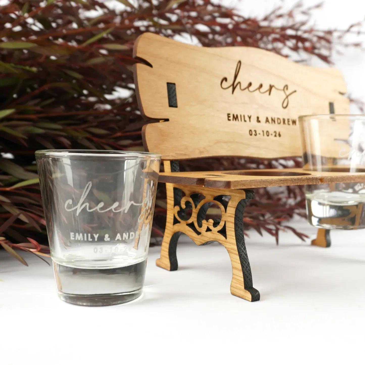 Personalised Wooden Bench Chair with Shot Glasses