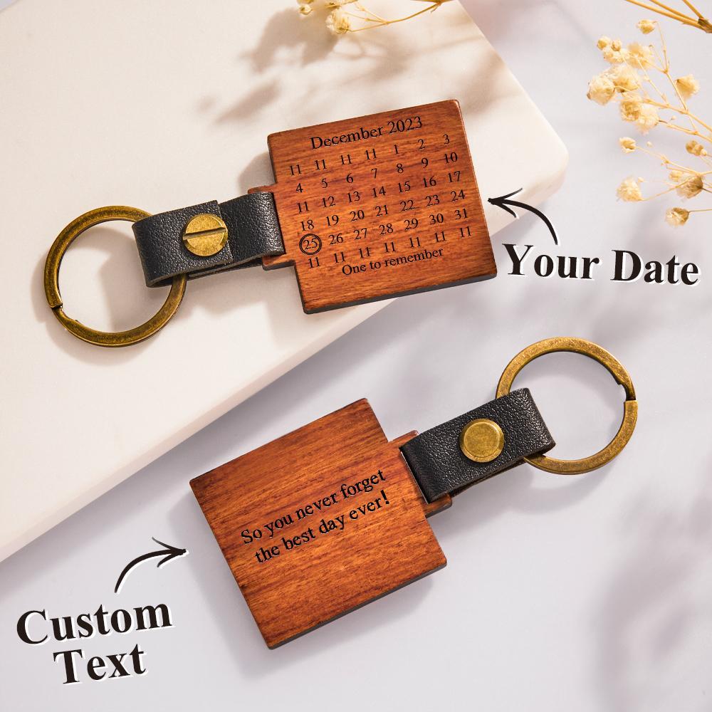 Custom Engraved Calendar Wooden Keychain Personalized Memorial Date Anniversary Gifts - soufeelus