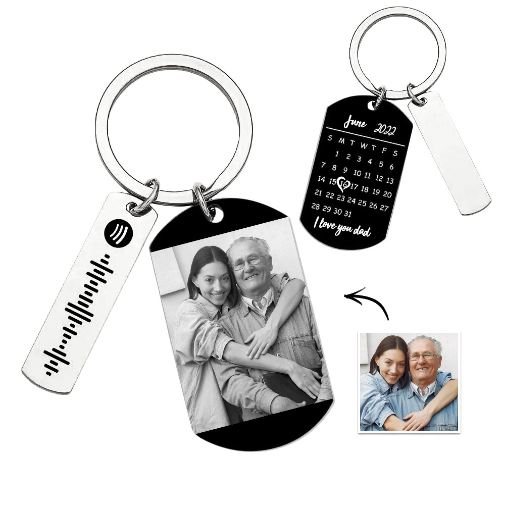 Personalized Spotify Calendar Keychain Custom Picture & Music Song Code Couples Photo Keyring Gift for Father - soufeelus