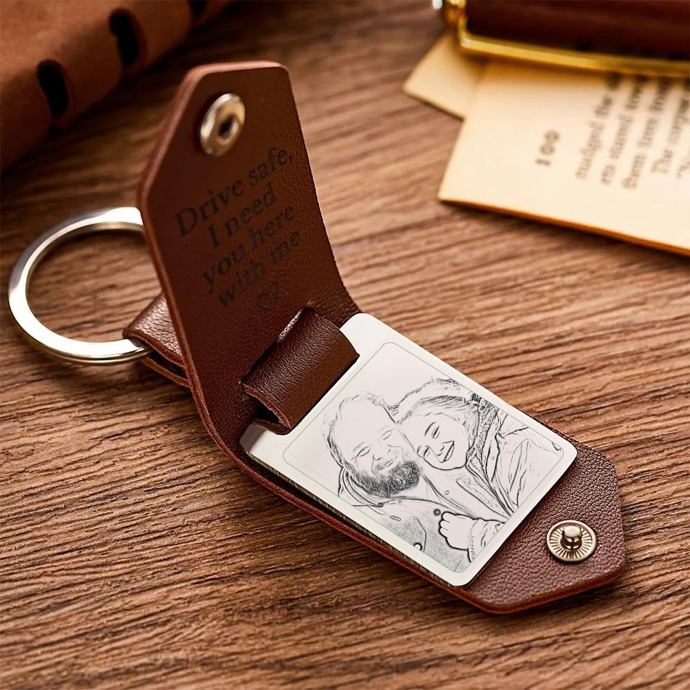 Personalized Leather Keychain Drive Safe Significant Custom Photo Keychain Anniversary Gifts For Father - soufeelus