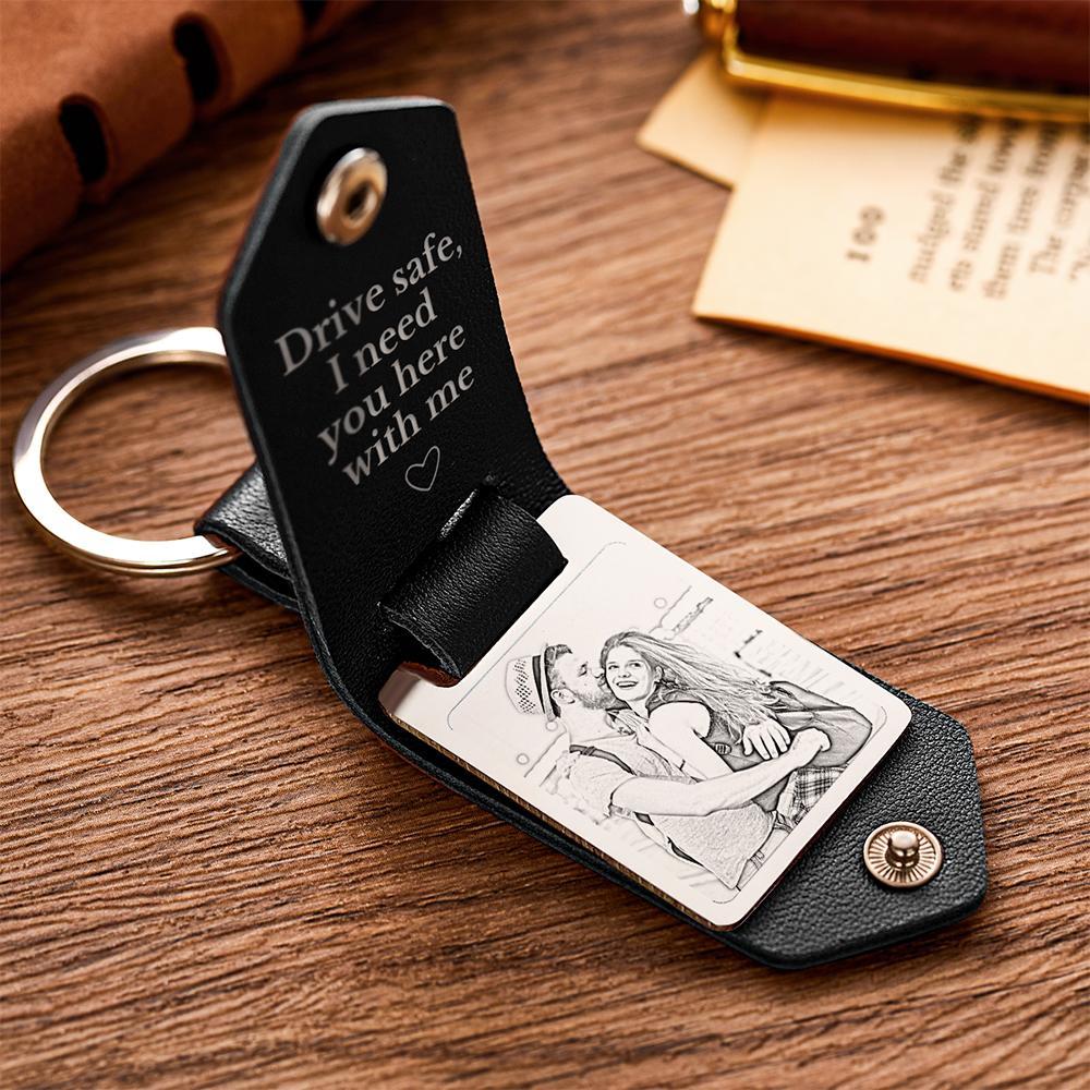Personalized Leather Keychain Drive Safe Significant Photo Keychain Anniversary Gift For Him - soufeelus