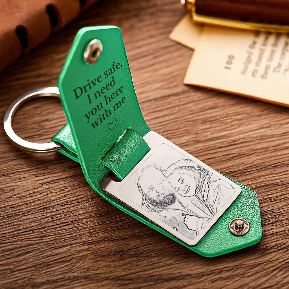 Personalized Leather Keychain Drive Safe Significant Custom Photo Keychain Anniversary Gifts For Father - soufeelus