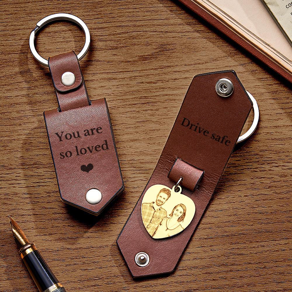 Custom Heart Shaped Photo Leather Keychain With Text Annivesary Gifts For Men - soufeelus