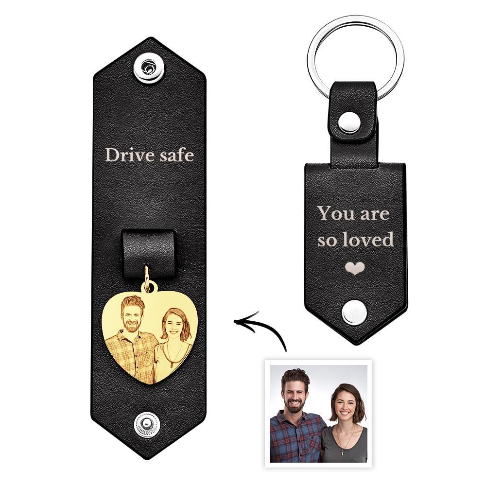 Custom Heart Shaped Photo Leather Keychain With Text Annivesary Gifts For Men - soufeelus