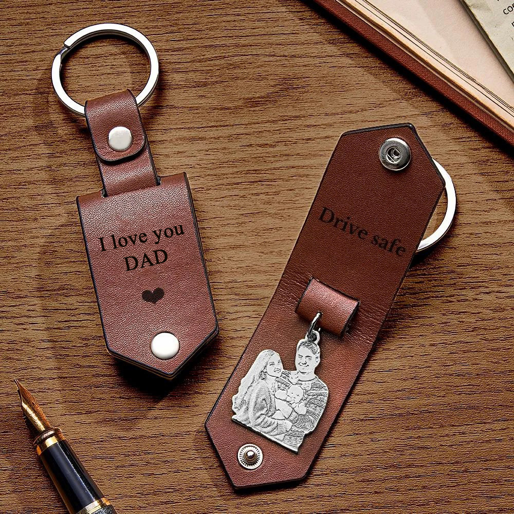 Custom Photo Leather Drive Safe Keychain With Engraved Text Key Ring Annivesary Gifts For Father - soufeelus
