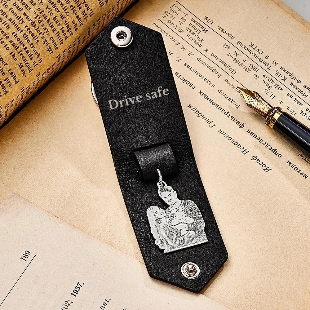 Custom Photo Leather Drive Safe Keychain With Engraved Text Key Ring Annivesary Gifts For Father - soufeelus
