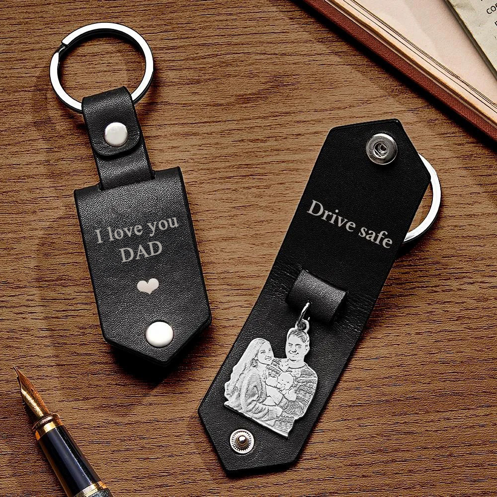 Custom Photo Leather Drive Safe Keychain With Engraved Text Key Ring Annivesary Gifts For Father - soufeelus