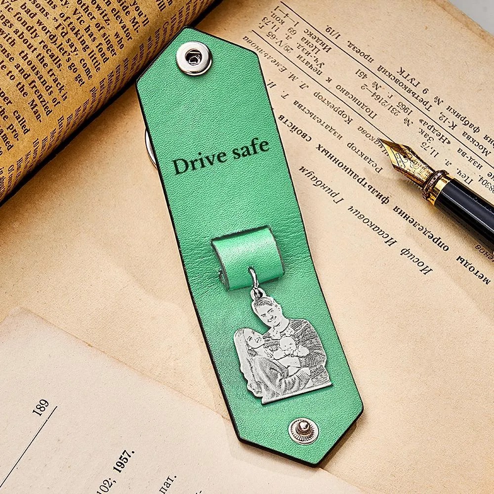 Custom Photo Leather Drive Safe Keychain With Engraved Text Key Ring Annivesary Gifts For Father - soufeelus