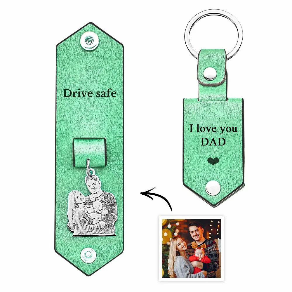 Custom Photo Leather Drive Safe Keychain With Engraved Text Key Ring Annivesary Gifts For Father - soufeelus